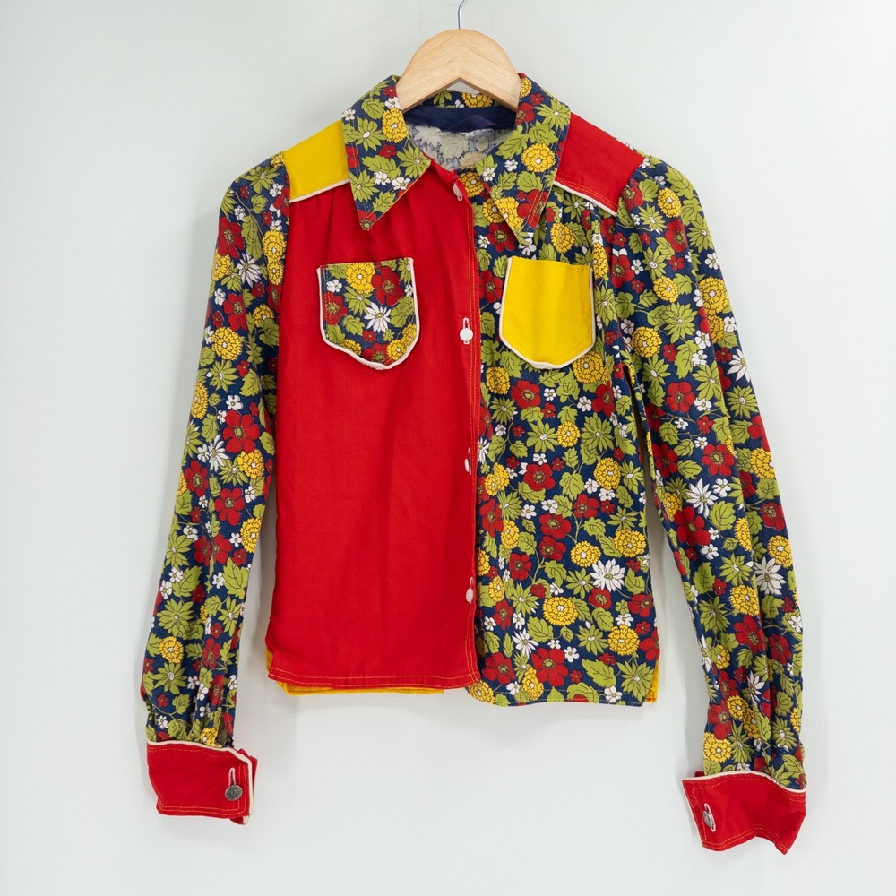 Vintage 70s Handmade Patchwork Shirt Women S Floral Colorful Hippie Disco Mod